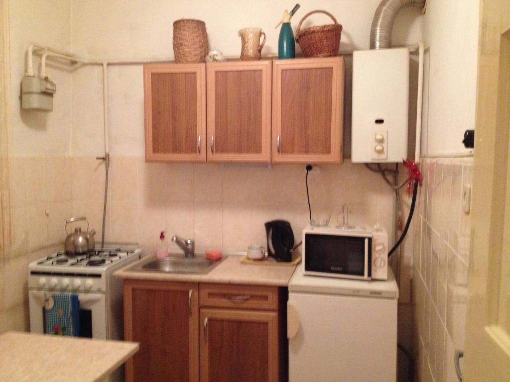 a small kitchen with a sink and a microwave at Apartment Downtown in Mukacheve