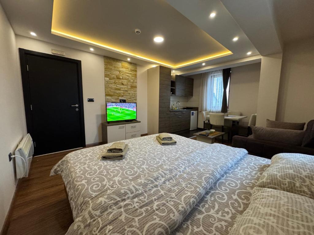 a bedroom with a bed and a television in it at Apartmani Glamur Kopaonik in Kopaonik