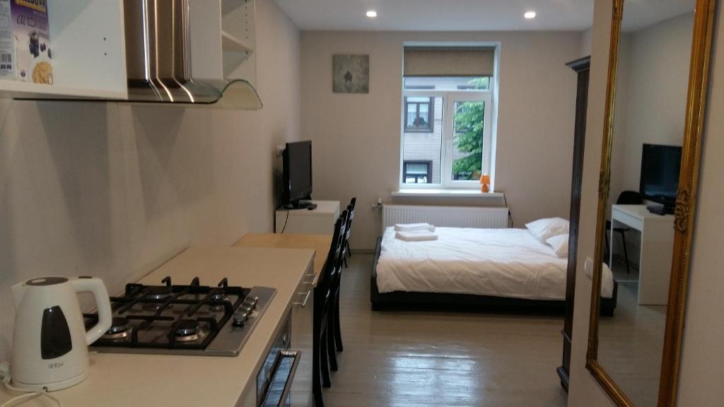 a kitchen with a stove and a bed in a room at Varnu Apartment in Rīga