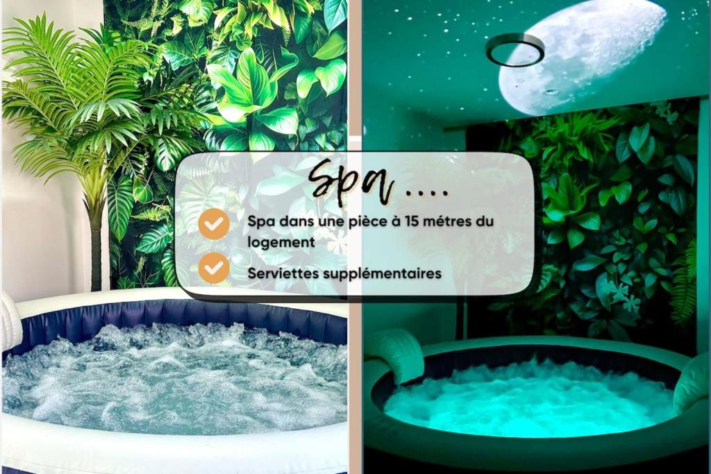 a collage of photos with a jacuzzi in a bathroom at Le Chant des Oiseaux-Campagne-SPA-Parking in Abbeville