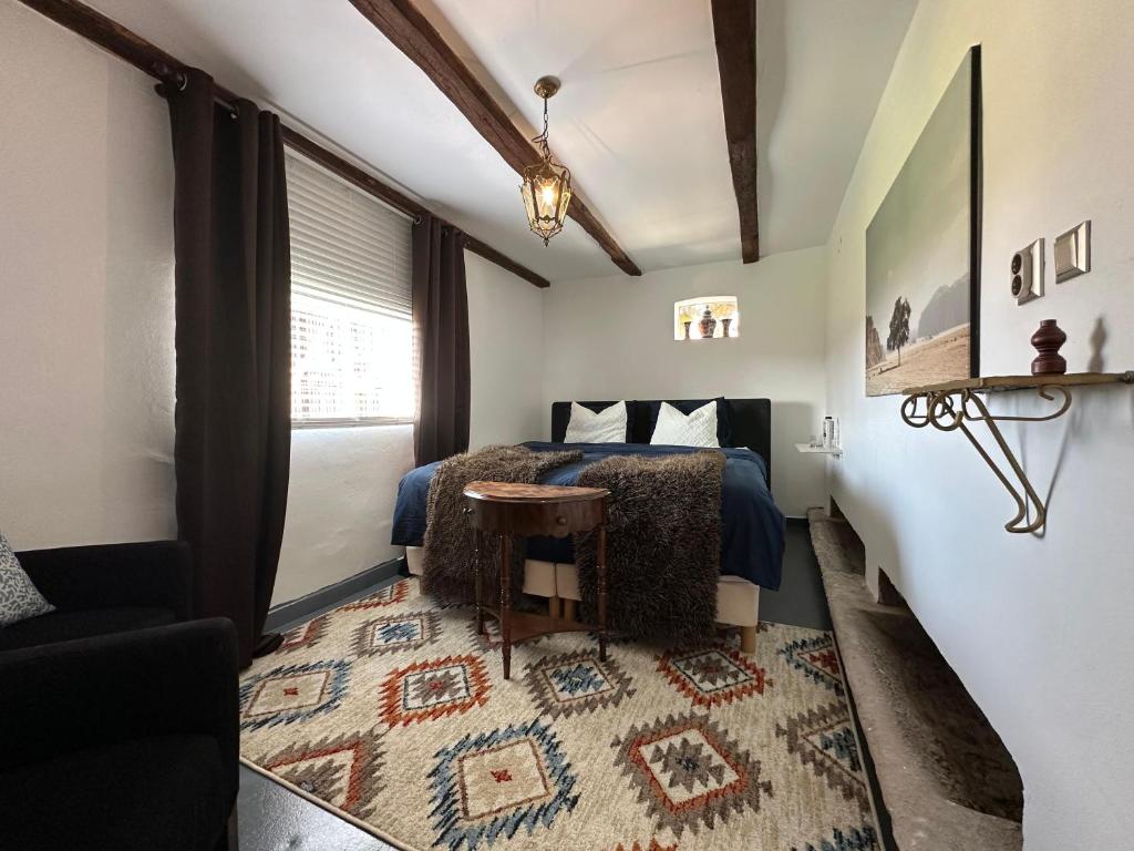 a bedroom with a bed and a table and a rug at Dedes in Birchiş