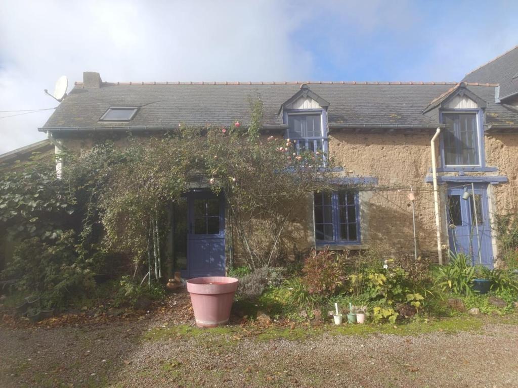 Loscouët-sur-MeuDetached house in a Breton farmhouse的前面有植物的砖房