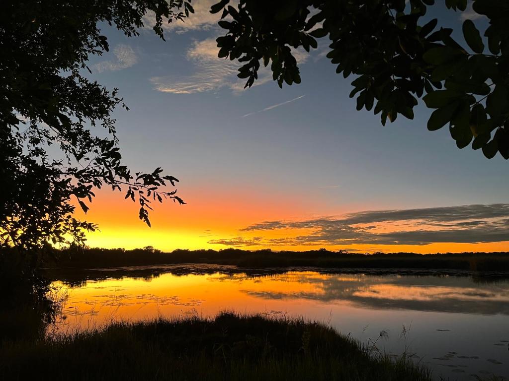 a sunset over a body of water at Proudly Okavango self-catering Burnside in Shakawe