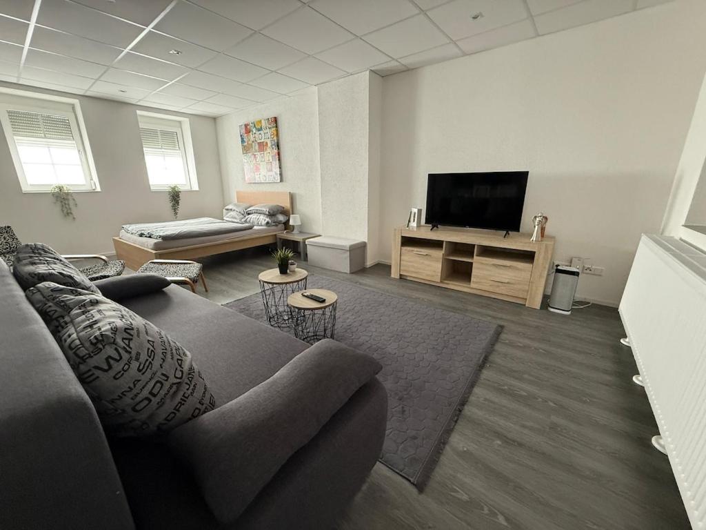 un salon avec un canapé et une télévision à écran plat dans l'établissement Modernes 1-Zimmer-Apartment im Herzen Oberkochens, à Oberkochen