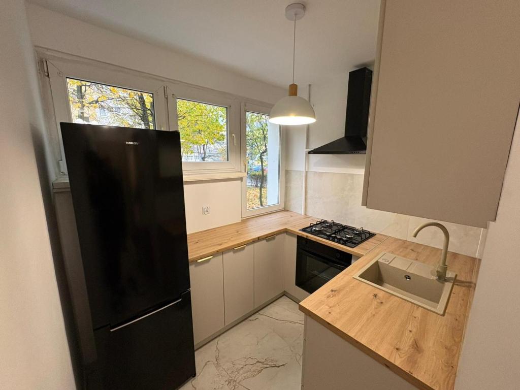 a kitchen with a black refrigerator and a sink at MW Leo Apartament in Konin