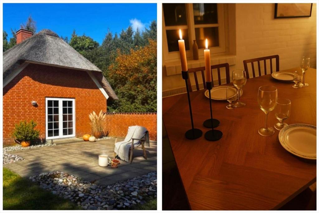 twee foto's van een eettafel met kaarsen en een huis bij 10292-Ulfborg-Baekbyvej-15 in Øby