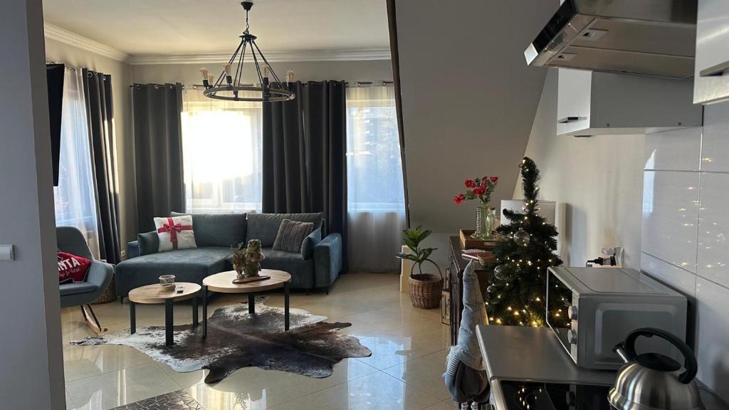 salon z choinką i kanapą w obiekcie DiDi Apartament Centrum w Nowym Targu