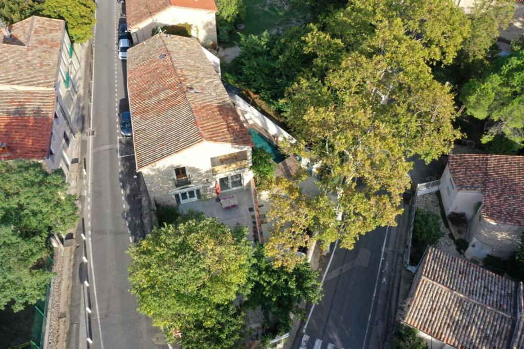 an overhead view of an old house on a street at Bardelours 2 Charming apartment with terrace in the heart of the villag in Saint-Bauzille-de-Montmel