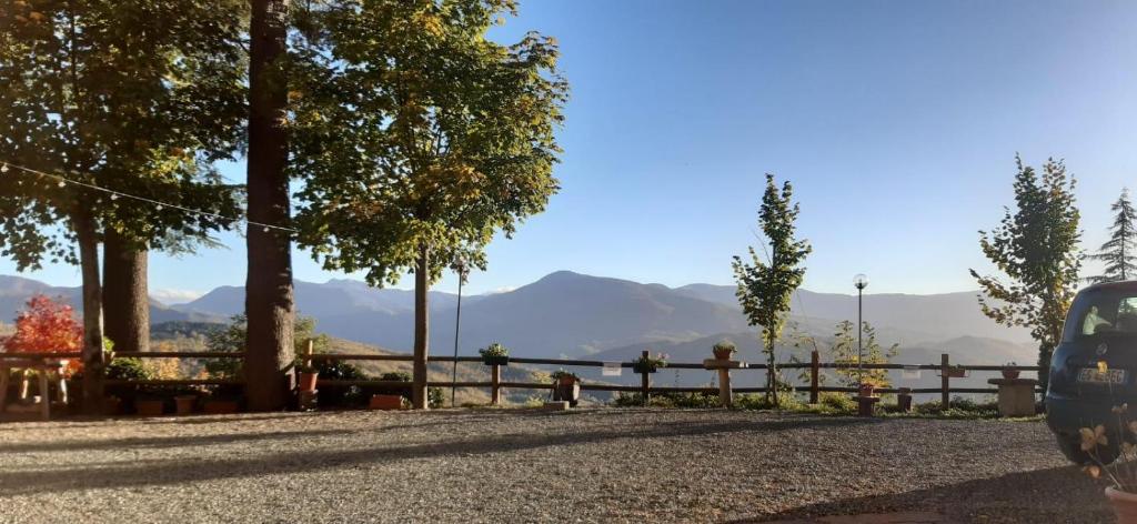 a car parked on a road with mountains in the background at Barino Pietragavina 