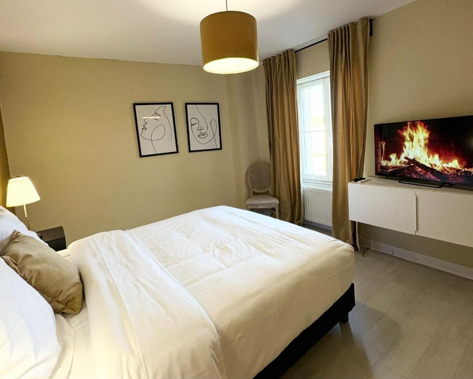 um quarto com uma cama grande e uma TV em Hôtel Château Schengen em Schengen