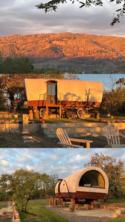 two pictures of a horse drawn carriage and a tent at Sunrise Hills Country in Vălenii de Munte