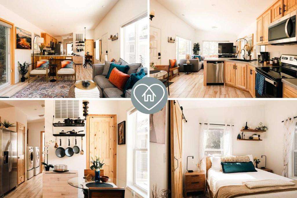 Ralston Creek Cottage - Serene Park Views في Leyden: صورتين مطبخ وغرفة معيشة