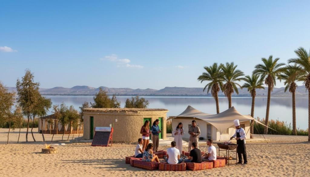a group of people sitting on the beach at Marcelia Eco-Village Front Lake View in Siwa