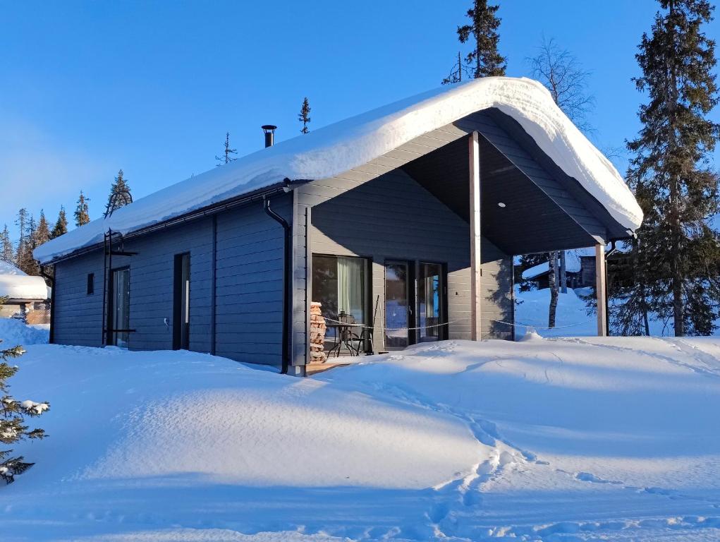 een huis bedekt met sneeuw in de sneeuw bij Villa Kinoskulma in Kuusamo