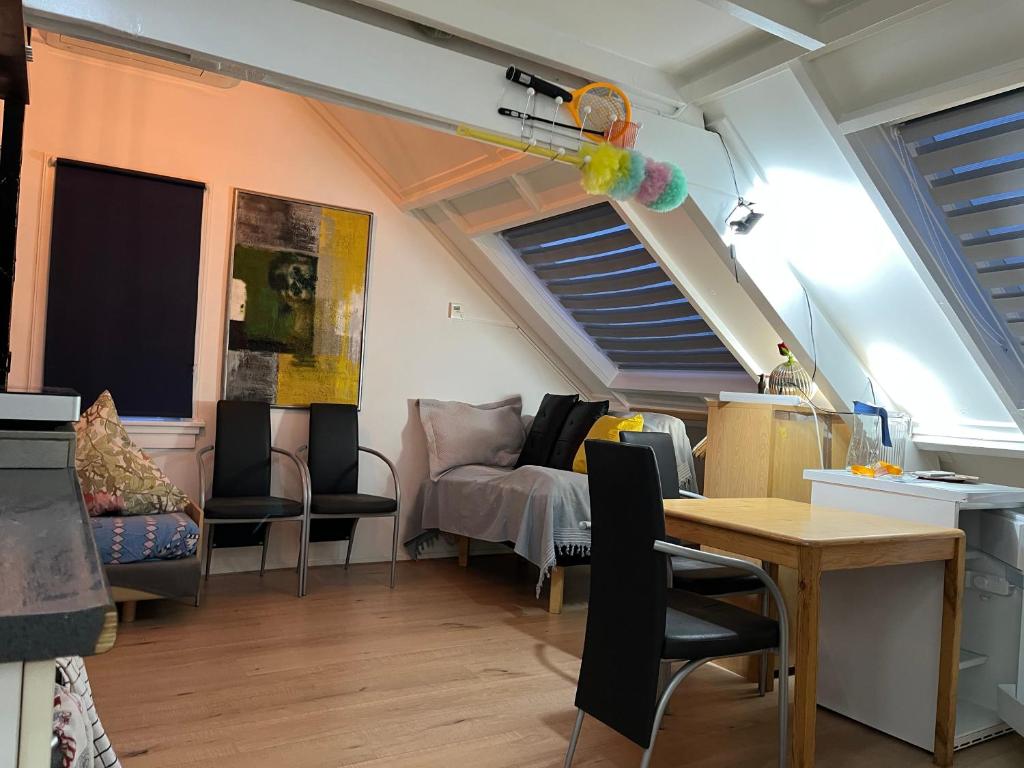 a living room with a couch and a table at Zolderstudio dichtbij Goffert met eigen badkamer en WC, eigen keuken, eigen ingang in Nijmegen