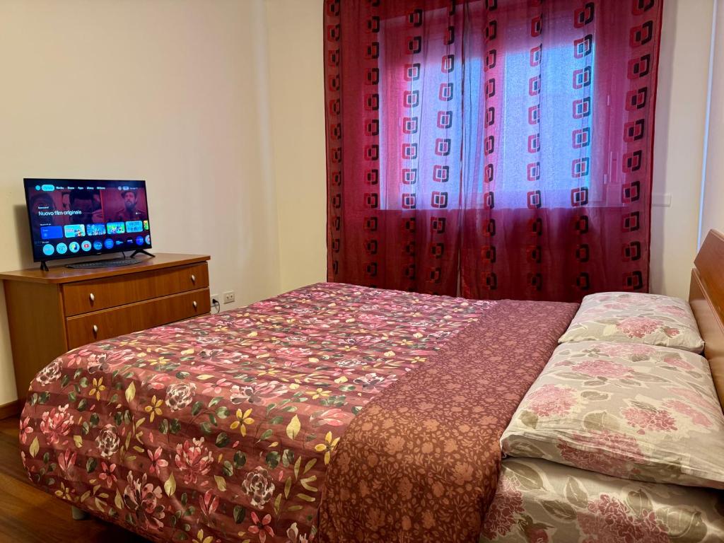 Un dormitorio con una cama y un televisor sobre una cómoda. en Central apartaments, en Bérgamo