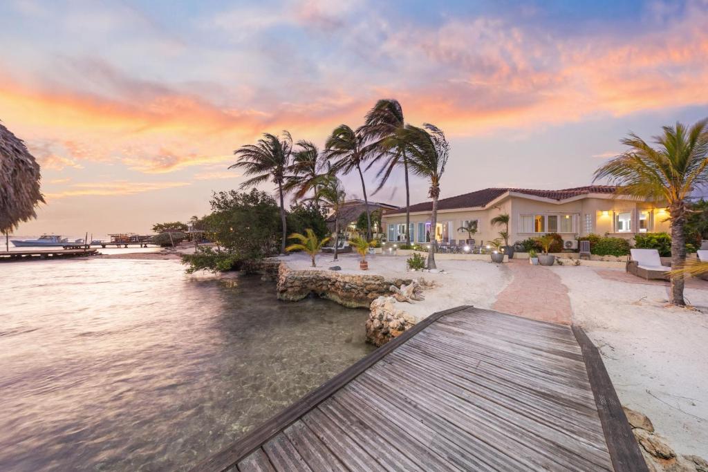 a house on the water with palm trees and a dock at Private Beach Ocean Front Boat Dock Tiki Bar in Savaneta