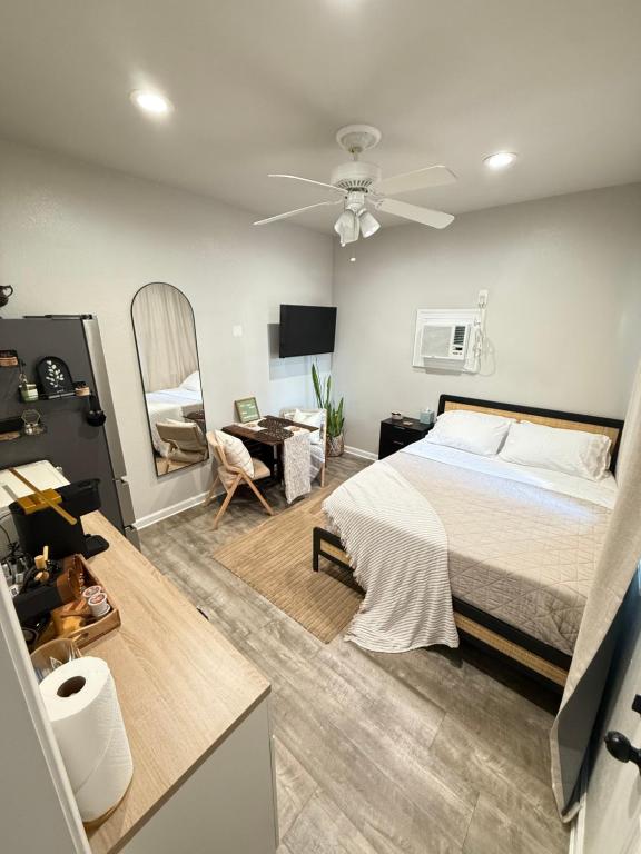 タラハシーにあるCozy Guest house near FSU Trails and the airportのベッドルーム1室(ベッド1台、デスク、ファン付)