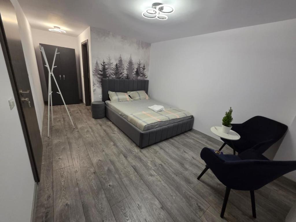 Un dormitorio con una cama, una mesa y una silla. en Panoramic View Bran, en Bran