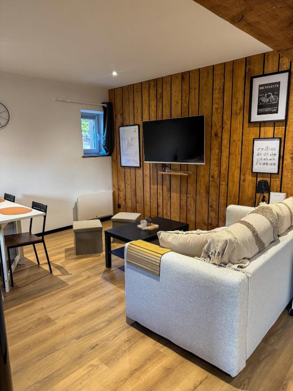 Una sala de estar con un sofá y un televisor en una pared. en A Cybiclette, en Saint-Étienne-lès-Remiremont
