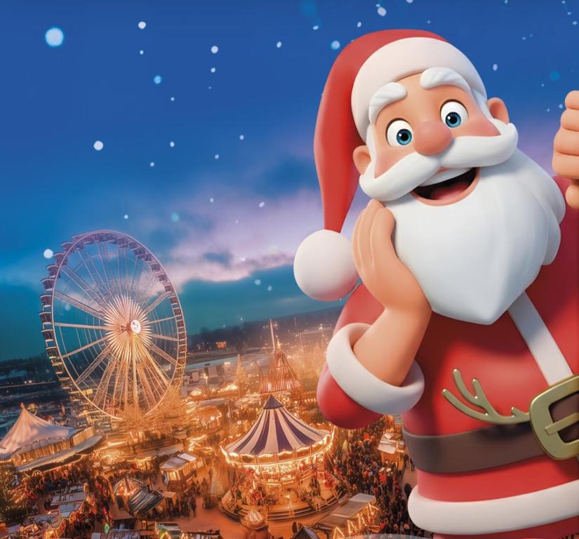 a cartoon of santa claus standing in front of a city at Magnifique vue plage à 50m, WIFI, très joli et moderne appt 1 chambre, 4 couchages 2 adultes 2 enfants in Le Barcarès