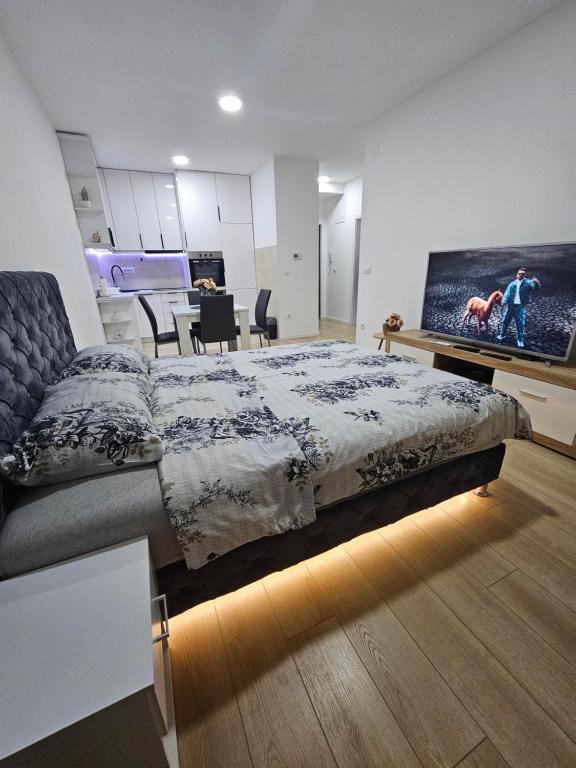 a bedroom with a bed and a flat screen tv at Miss LUX in Mladenovac