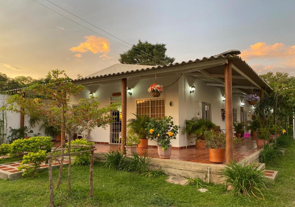 a house with a deck with potted plants on it at La Casa de Luzma in Pueblo Bello