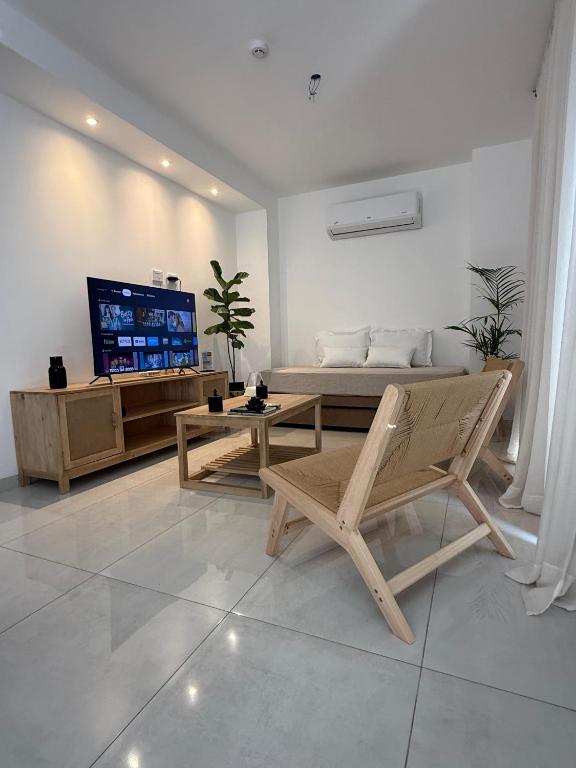 un soggiorno con un divano e una televisione di Capibara 4 - Imponente vista al Río a Corrientes