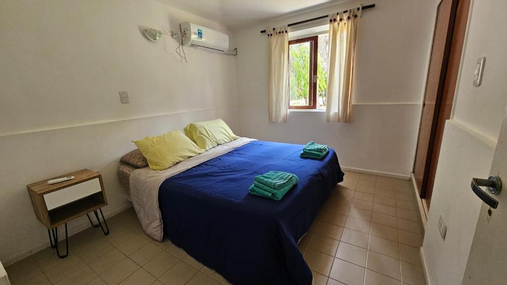 a bedroom with a bed with blue sheets and a window at La Escondida in Juana Koslay 