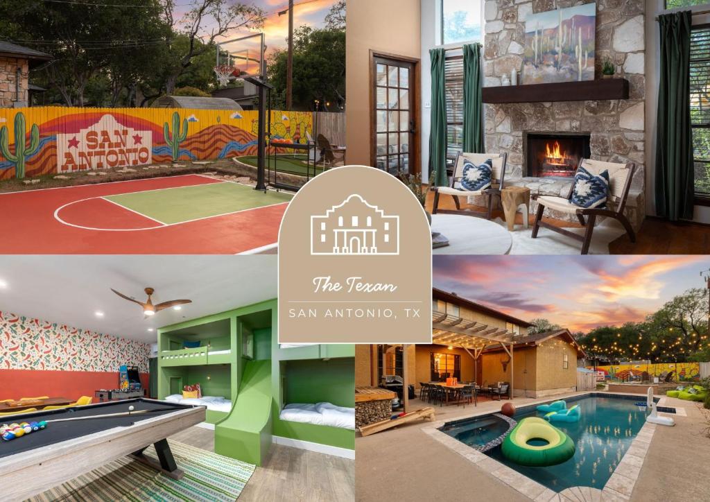 a collage of pictures of a home with a pool table at Sleeps 18-Basketball Court-Pool-Playground-Games in San Antonio