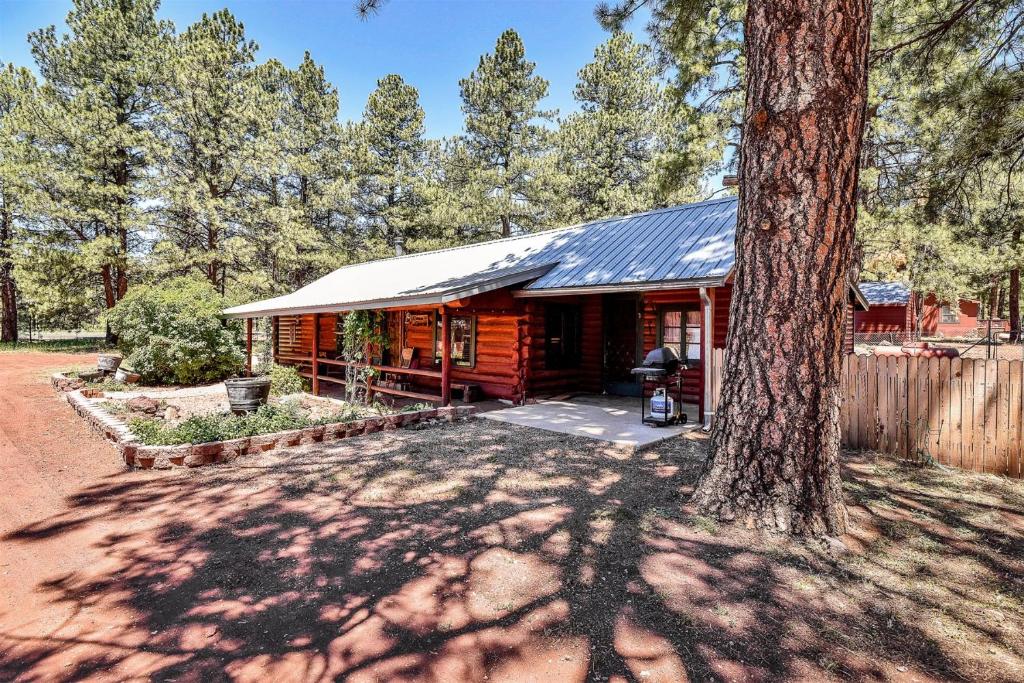 a log cabin with a tree in front of it at Rare Log Cabin Treasure Close to Grand Canyon Now with Wi-Fi in Parks