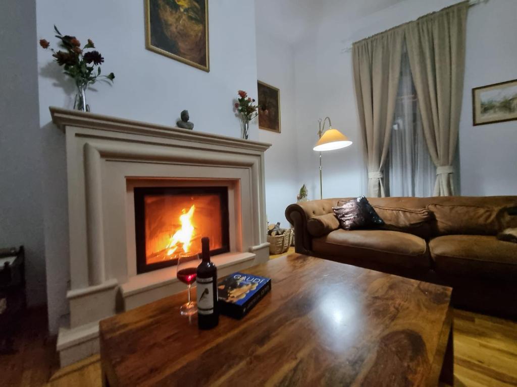 a living room with a couch and a fireplace at Central House Craiova in Craiova