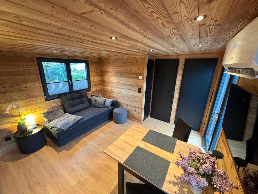 ZeitlarnTiny-House & Wellness Zeitlberg的小木屋内客厅的顶部景色