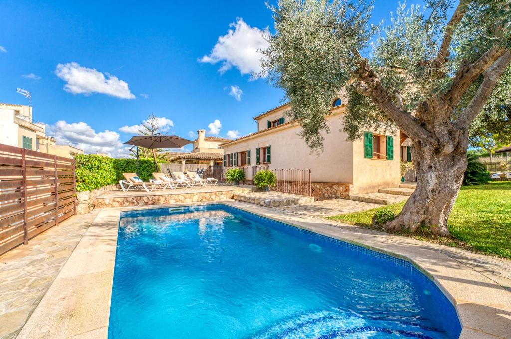 a swimming pool in the backyard of a house with a tree at Can Busca - Ideal Property Mallorca in Costitx