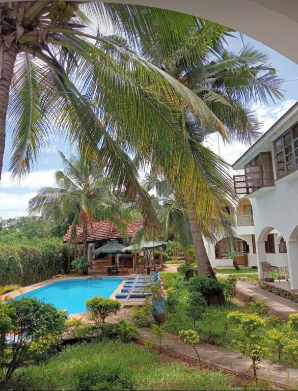 a resort with a palm tree and a swimming pool at Razz Homes in Diani Beach
