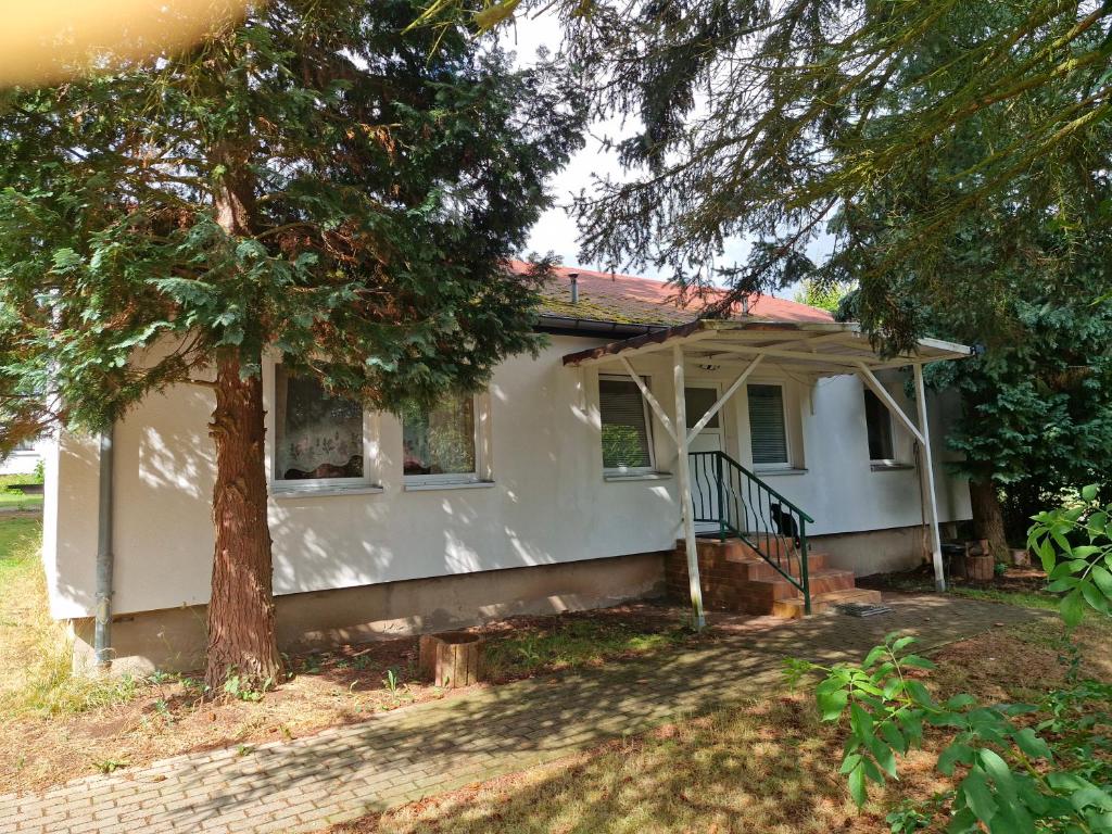 a white house with a tree in front of it at Bungalow 2 - 4-Raum-Wohnung mit Küche und 2 WC Duschen in Ohrdruf-Crawinkel in Niederdorla
