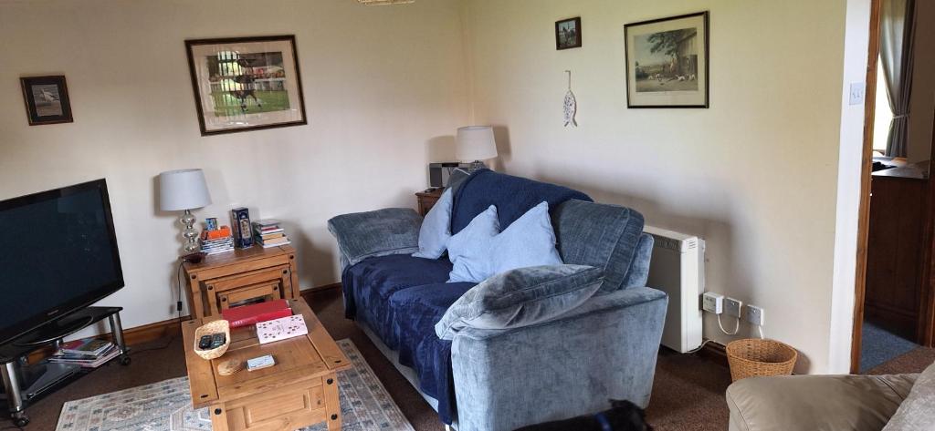 a living room with a blue chair and a tv at Tarnside Cottages in Brampton