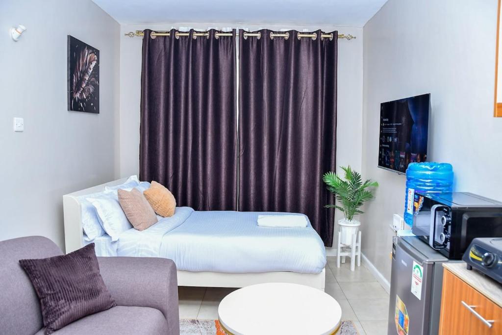 een kleine woonkamer met een bank en een tv bij Mex Homes Studio Apartment in Nairobi