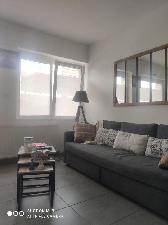 a living room with a couch and a table at La Suite by Nath in Calais