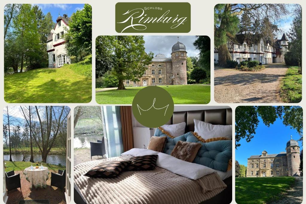 a collage of pictures of a mansion and a bed at Schloss Rimburg - Adventures & Residences in Übach-Palenberg