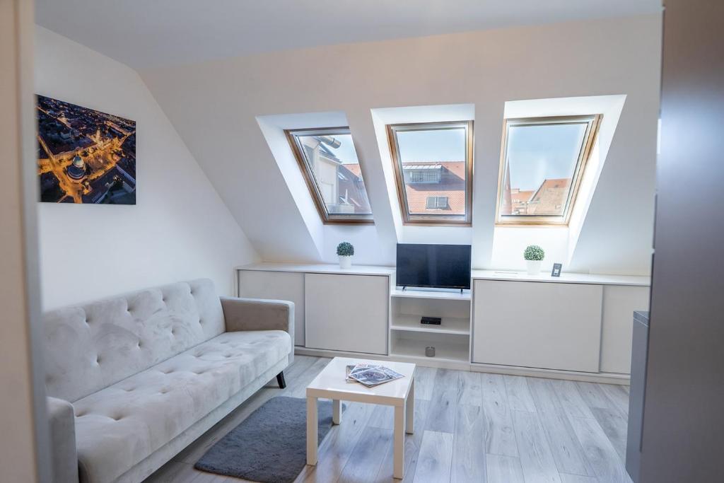 een woonkamer met een bank en een tv bij Antracit Apartman - free parking in Pécs