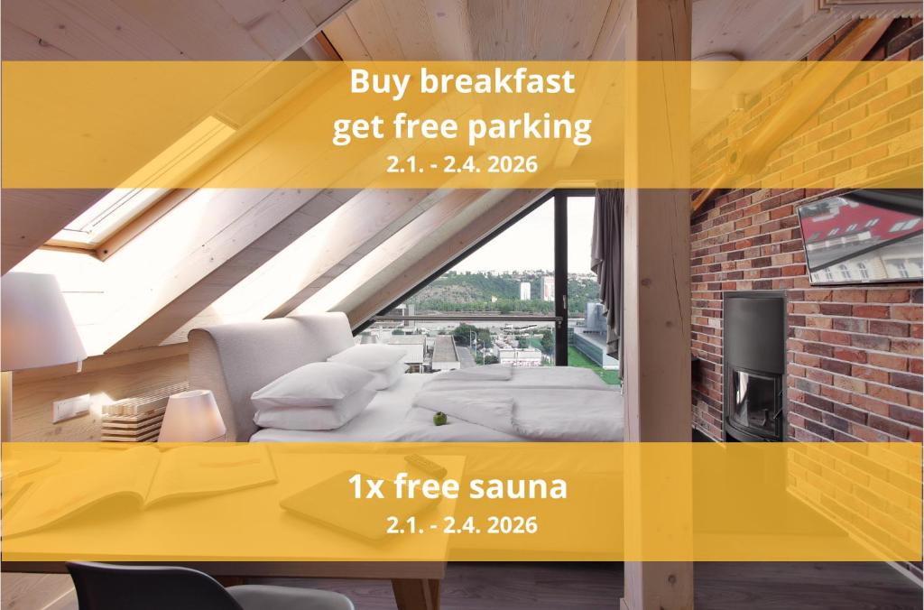 a poster for a buy breakfast get free parking at Absolutum Wellness Hotel in Prague
