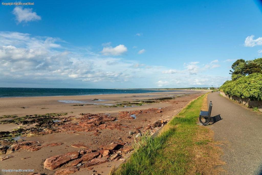 een bankje aan de kant van een strand bij The Bunker Self Catering in Nairn