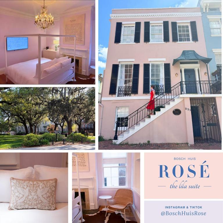 a collage of pictures of a pink house at Bosch House Rosé - Lila Suite in Savannah