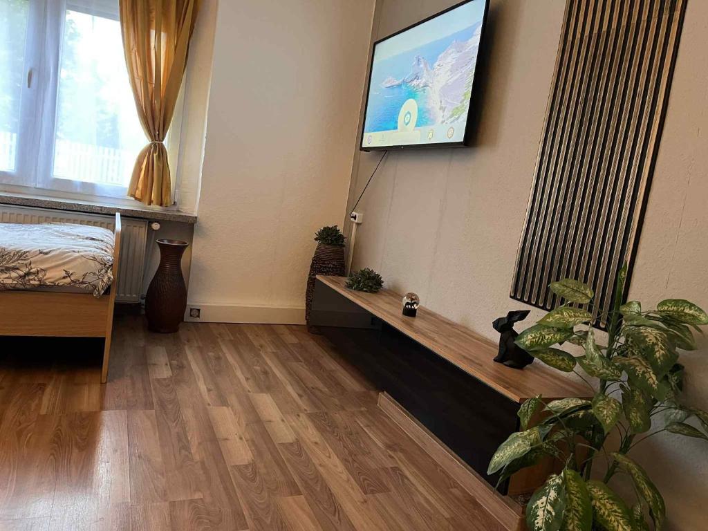 Una sala de estar con un televisor de pantalla plana en la pared. en Gästehaus, en Neustadt