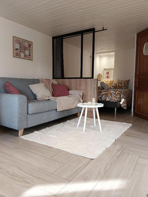 una sala de estar con un sofá y una mesa en Escapade cosy à Voglans avec terrasse au calme, en Voglans