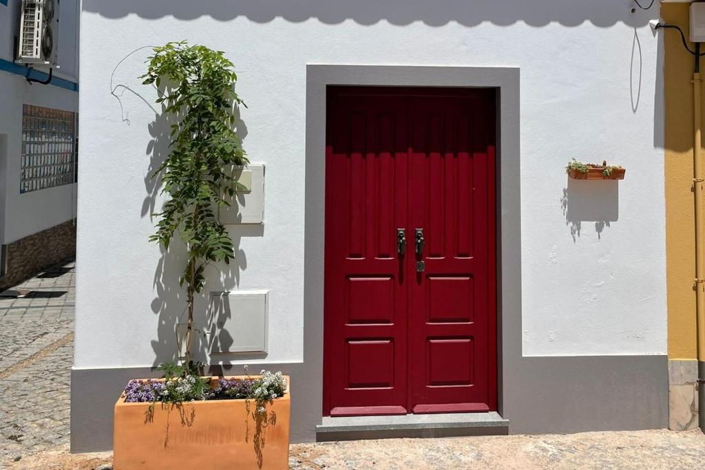 a red door in front of a white building at Casa Das Batatas in Odeceixe