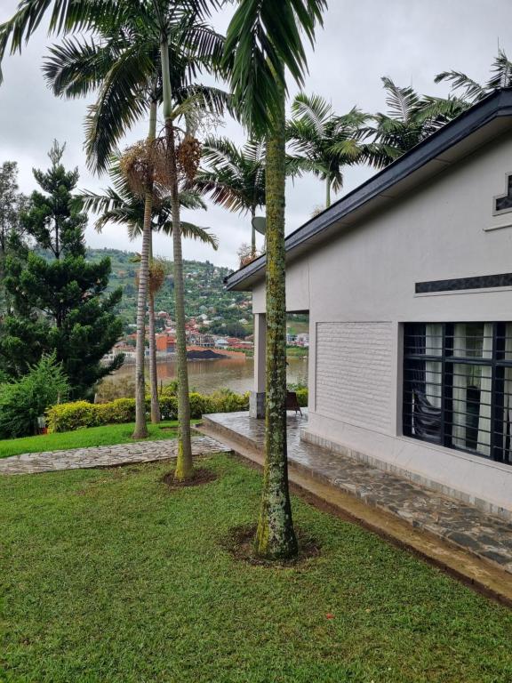 two palm trees in a yard next to a building at Nyumbani Kivu Retreat in Rubavu