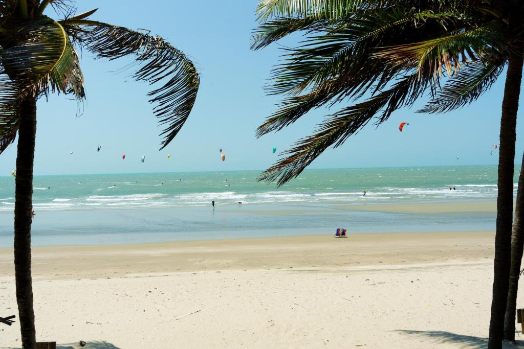 a beach with two palm trees and the ocean at Casa ADOBE Preá - FRENTE MAR! in Prea