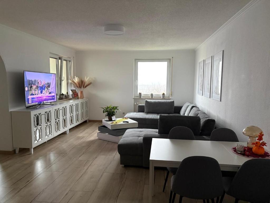 a living room with a couch and a tv at Apartment O&V 2 in Waldshut-Tiengen